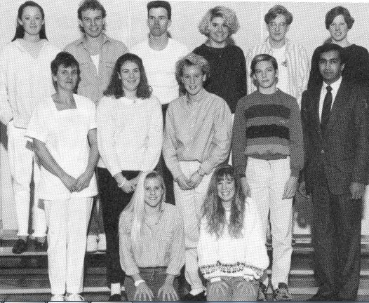 (Click to magnify) FRONT ROW: Anneliese Lauterbach, Kelly Christie; SECOND ROW: Mrs. Marks (coach), Liz Wrigglesworth, Laura Mark, Aaron Anderson, Mr. Sharad Tembe (coach); BACK ROW: Clare Kavanagh, Sean Stokes, Christopher Ellins, Brenda Leask, Mike Wasy