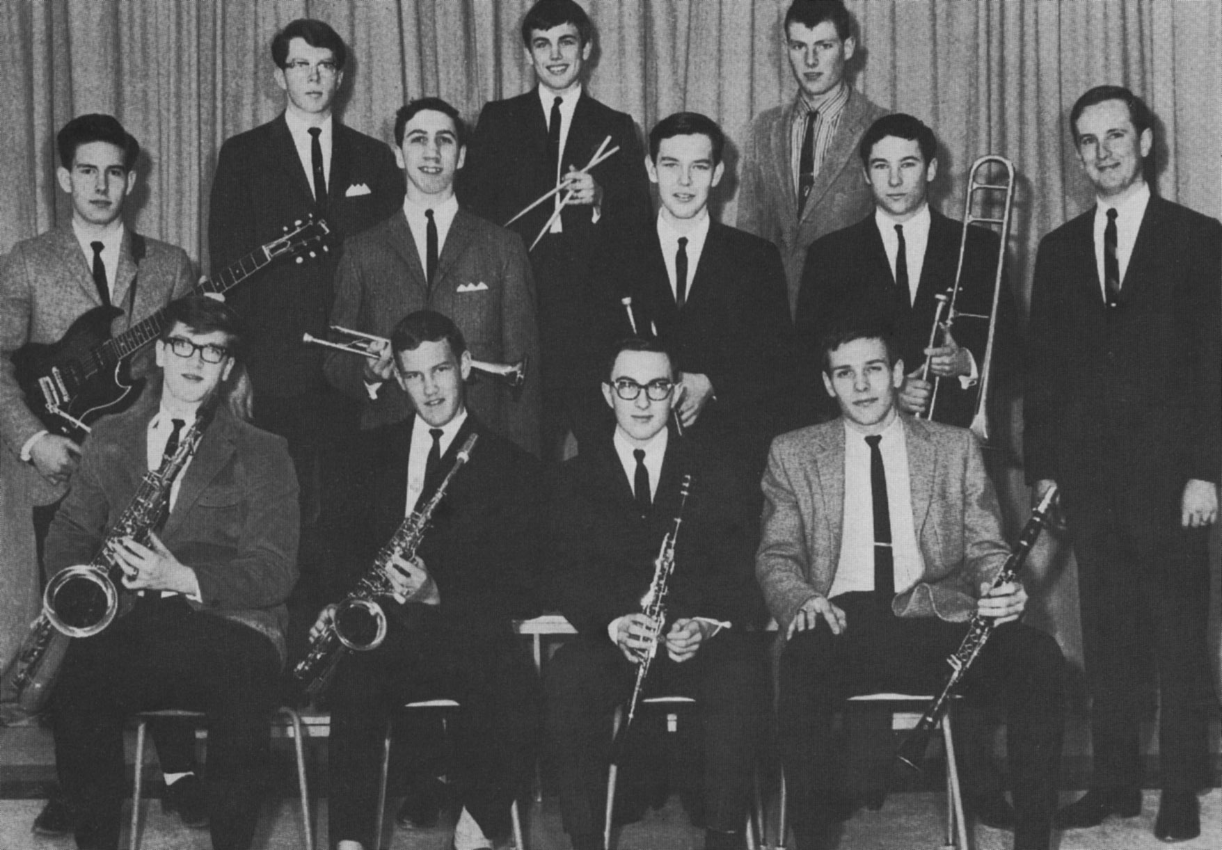 (Click to magnify) FIRST ROW: Sandy Taylor, Saxophone; Ken Rattray, Saxophone; D. McCaslin, Clarinet; Gord Whitney, Clarinet; SECOND ROW: G. Howroyd, Guitar; Derek Belfry, Trumpet; Jim Duncan, Trumpet; Dave Taylor, Trombone; J. Allison; THIRD ROW: Walter 