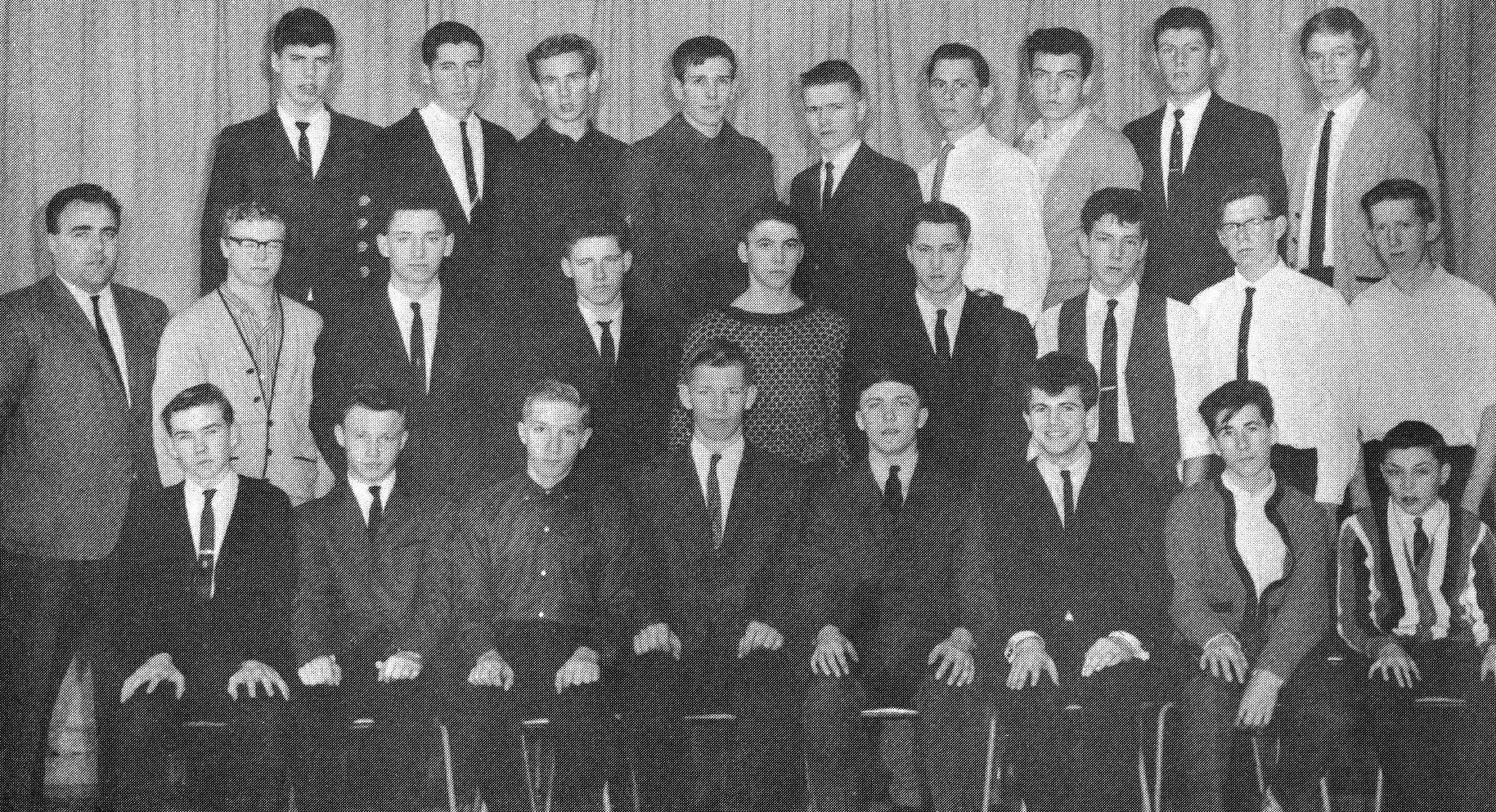 (Click to magnify) FRONT ROW: B. Bailey, S. Holt, T. Hopcraft, Bruce Gillham, Bruce Richardson, R. Cain, E. Filliault, Mike Morrison; SECOND ROW: Mr.Ray Newton, Gord James, J. Stone, A. Yake, D. Wood, P. Yates, B. Hodgeson, J. Warner, H. Monaham; BACK ROW