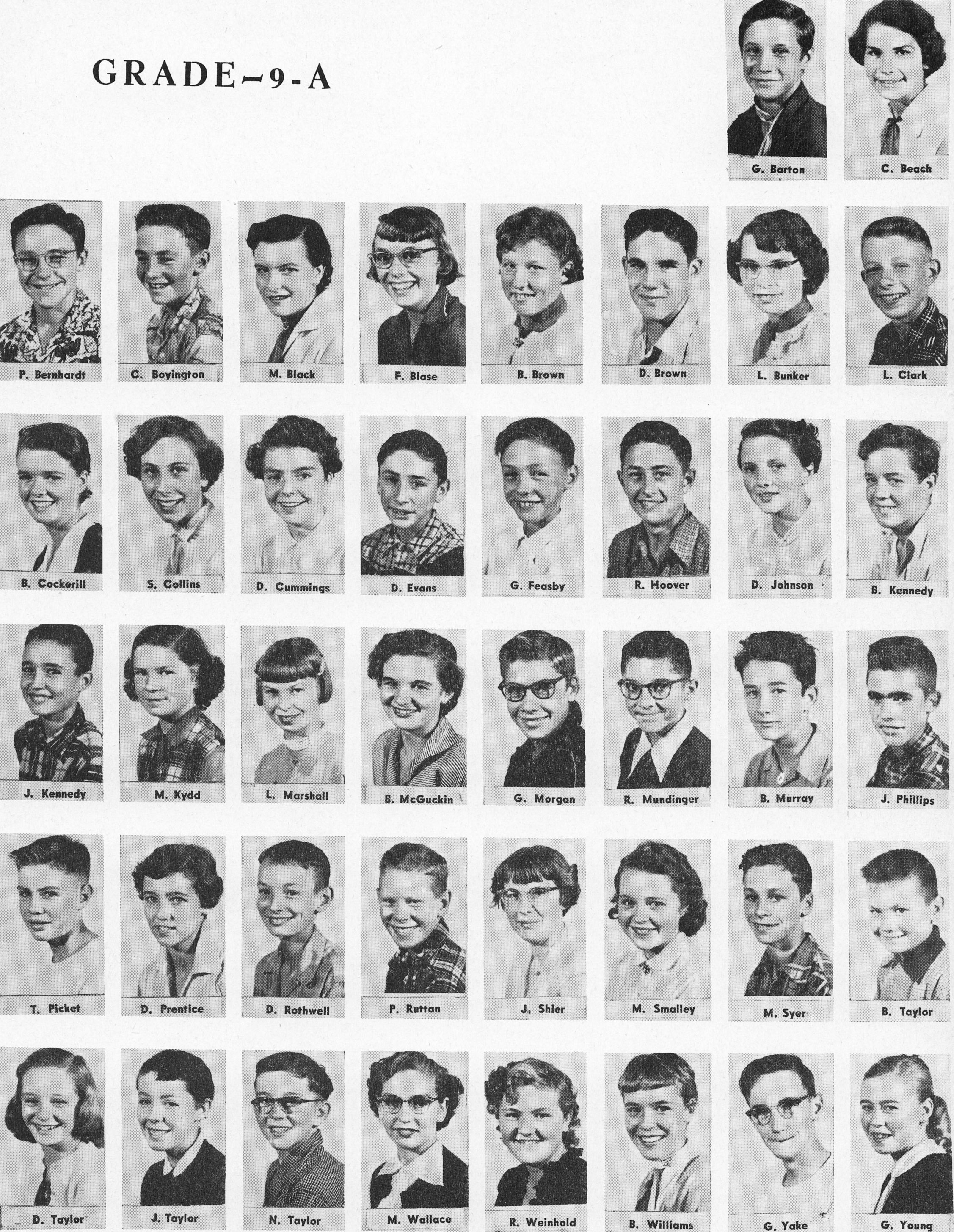 (Click to magnify) Multiple levels of magnification. Names given here to allow Google search. ROW 1: G. Barton, C. Beach; ROW 2: P. Bernhardt, C. Boyington, M. Black, F. Blase, B. Brown, D. Brown, L. Bunker, L. Clark; ROW 3: B. Cockerill, S. Collins, D. C