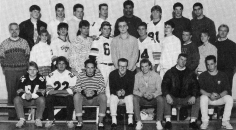 (Click to magnify) OUT-OF-FOCUS ... FRONT ROW: Ian Wagner, Mike Klose, Trevor Smith, Jamie Miller, Sean Stokes, Kevin Monster, Brian Smith; SECOND ROW: Mr. Phil Mazza (coach), Jocelyn Connell (manager), Greg O'Leary, Brian Korreck, James Nelligan, Troy Da