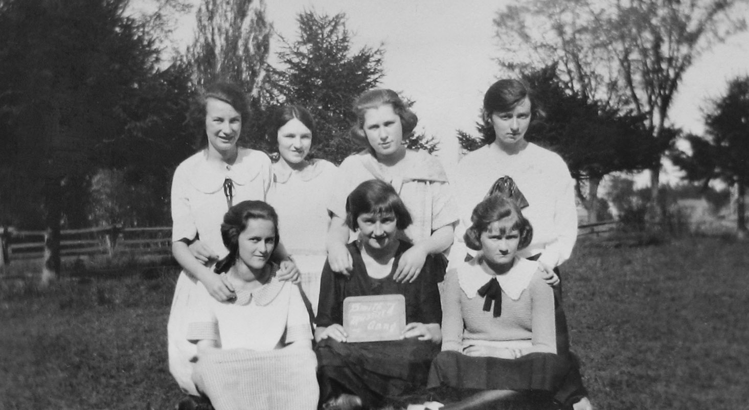 Original photo courtesy of Uxbridge Museum. (Click to magnify)  Taken at west end of old High School Grounds, 1922; (assuming back) Jean Gibson, Freda Gold, Hildreth Peers, Jessie Leask; (assuming front) Muriel Smith, Jean Mustard, Alma Smith. 