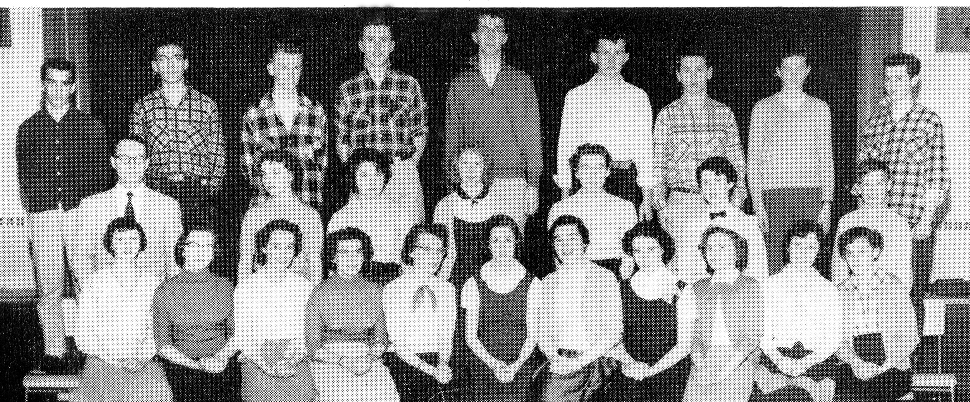 (Click to magnify) FRONT ROW: K. Lintner, C. Perry, S. McLean, E. Whitty, L. Noble, D. Hockley, A. Menar, D. Marnien, E. Curl, P. Bradbury, M. Bently;
SECOND ROW: Mr. Pierre Perreault, M. Shier, M. Wood, P. Egginton, M. Salmon, S. Henderson, T. Home;
BA