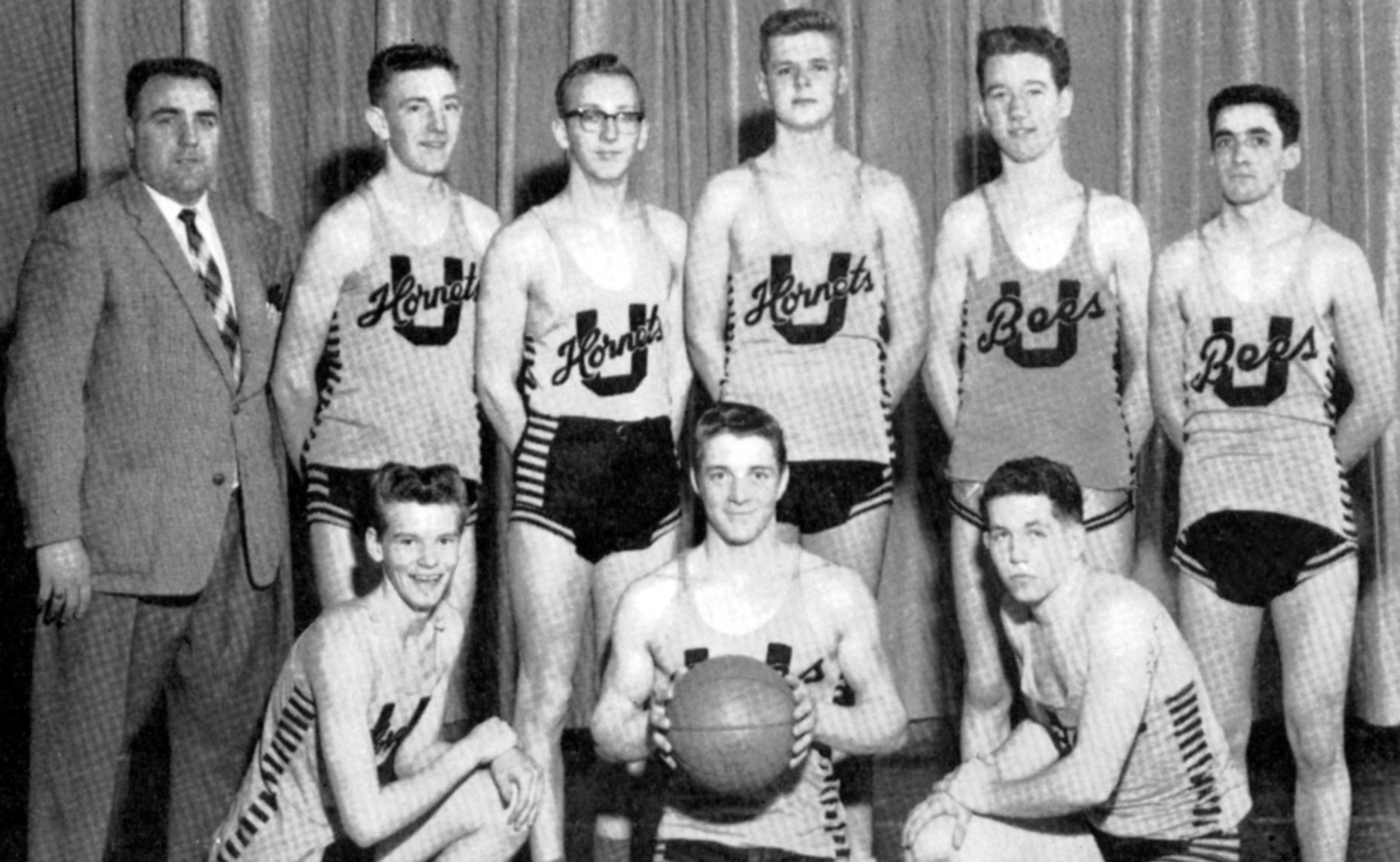 (Click to magnify): FRONT ROW: Jack Ballinger, L. Taylor, J. Sargeant; BACK ROW: Mr. Ray Newton, K. May, D. Whitney, P. Harris, Murray Prentice, Bruce Shillinglaw.