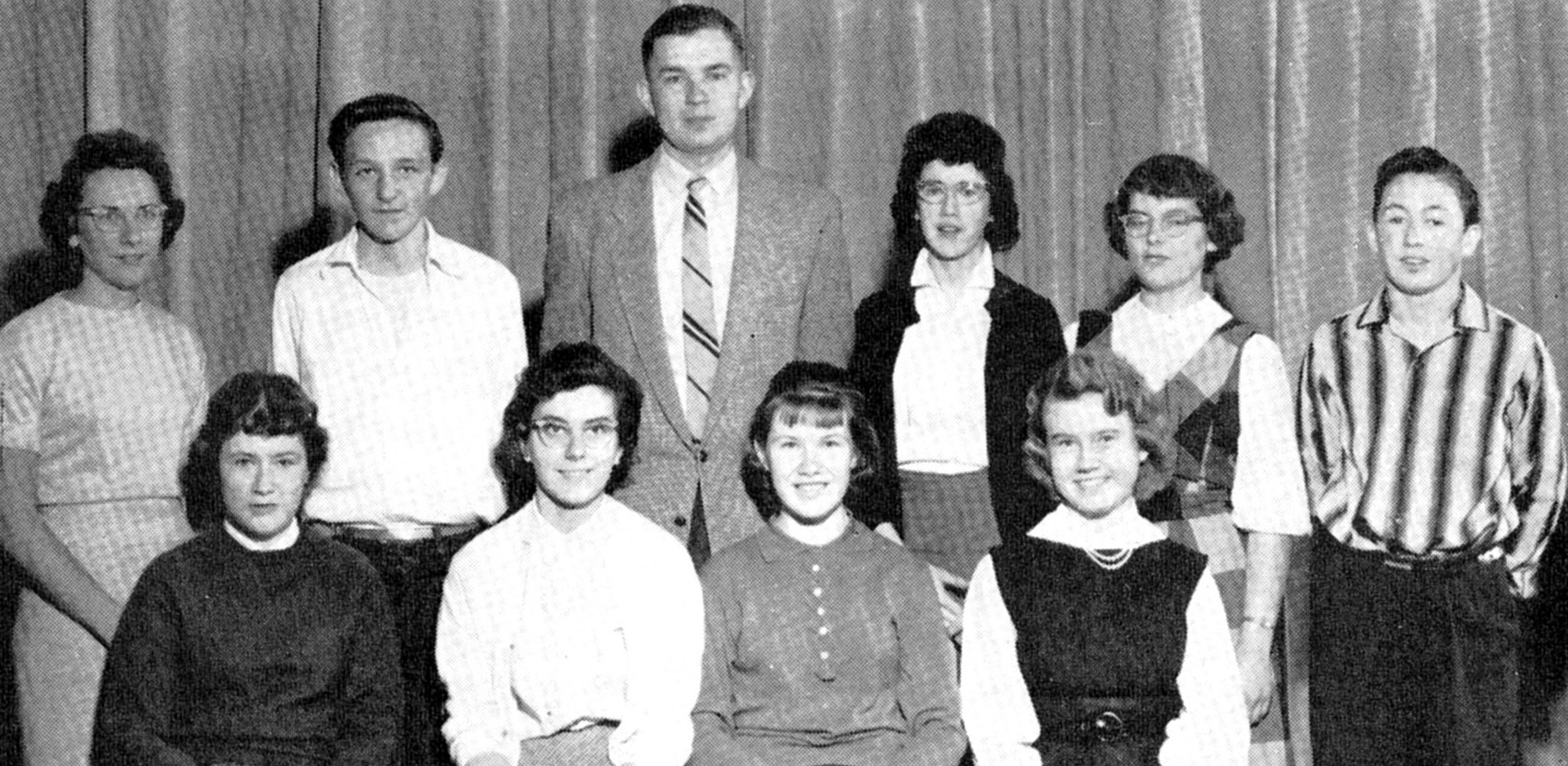 (Click to magnify) FRONT ROW: P. Hall, L. Maye, D. Drummond, L. Hogan; ***BACK ROW: E. Noble, B. Babick, Mr. Prentice, M. Kennedy, G. Orr, Jim Wagg; ***ABSENT V. Geissberger.