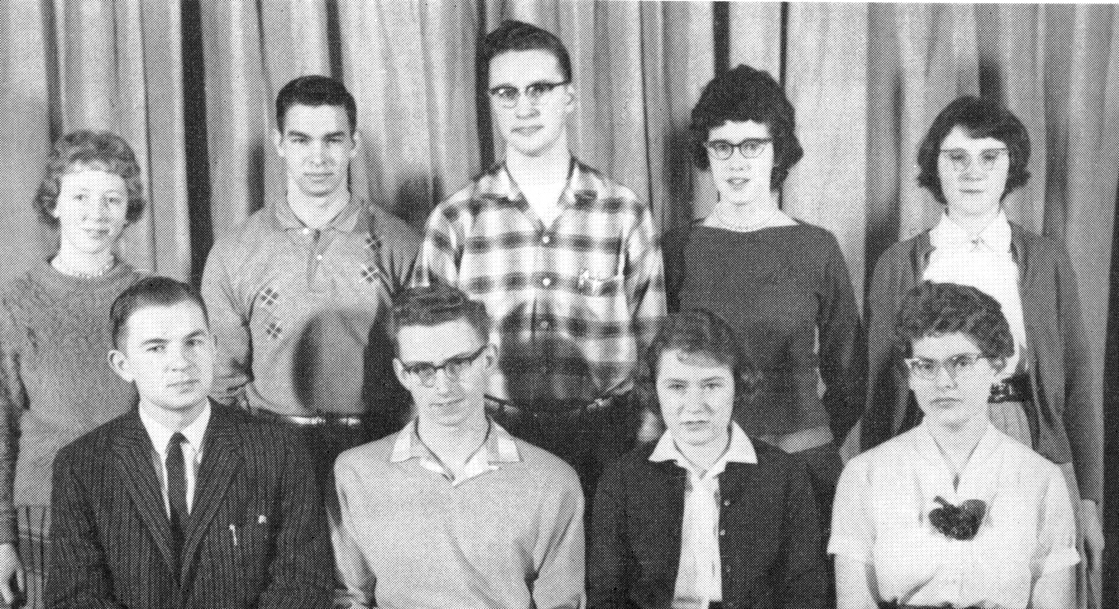 (Click to magnify) l-r (Original captions were reversed) FRONT ROW: Mr. Prentice, Jim McDowell, Pat Hall, Gloria Orr; ***BACK ROW: Verna Geissberger, Charles Hill, Ivan Noble, Marion Kennedy, Lois Hall; ***ABSENT: Ms. Lennox (sponsor).
