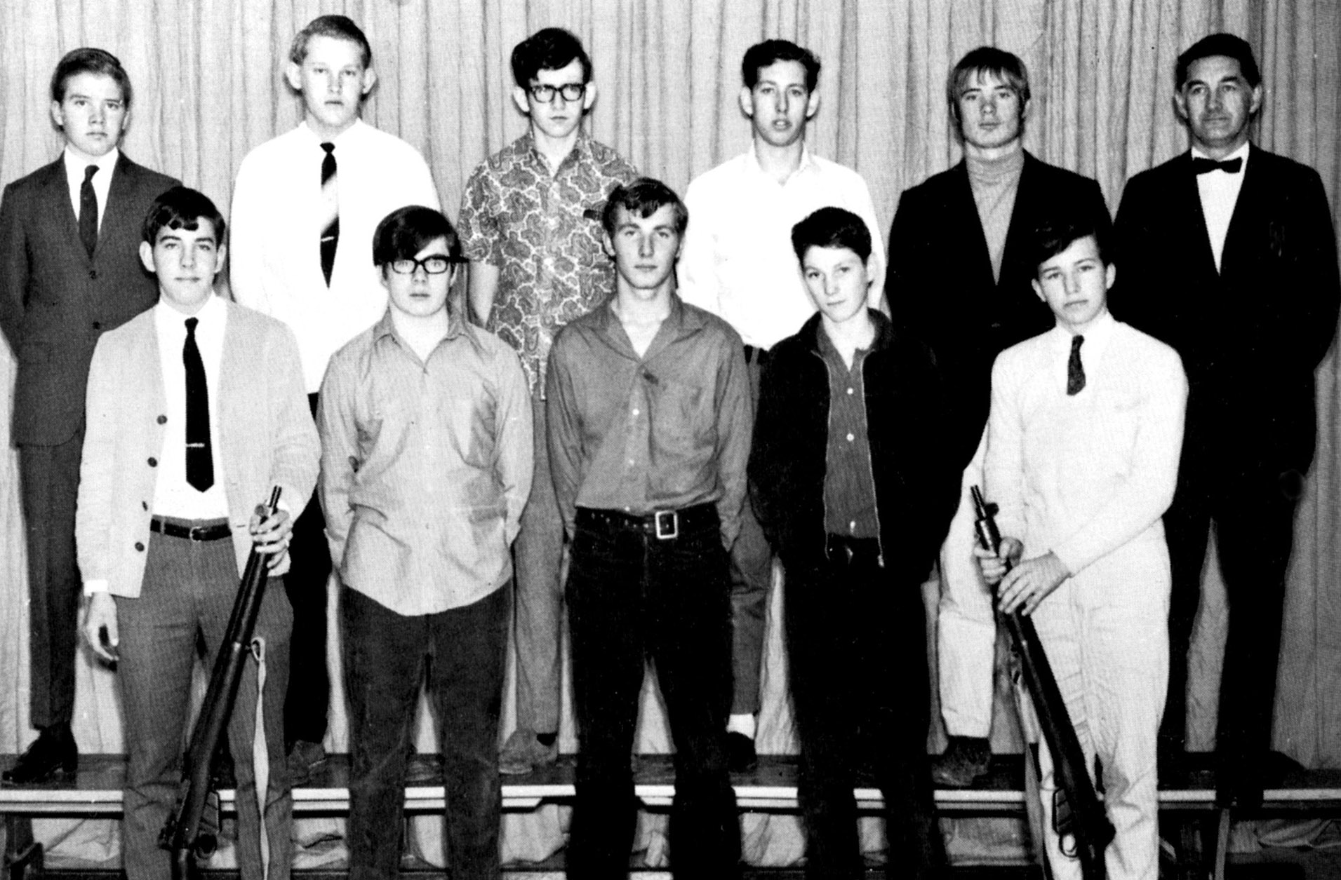 (Click to magnify) FRONT ROW: J. Howroyd, B. Carroll, G. Allbright, A. Riddle, P. Pearce; ***SECOND ROW: Alec Leask, G. Forsythe, D. Ball, R. Harrison, T. Watts, Mr. N. Brunne; ***ABSENT: Eric Blackburn, Bill Cellini, Brian Goodspeed.