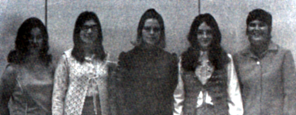 (Click to magnify) This is an incredibly abysmal quality original photo: Staff Advisor: Miss Bodnar, Sec. Treasurer: Beryl Moore, Vice Pres.: Dianne Cain, President: Jill Morrison, 2nd Vice: Becki Bookham.