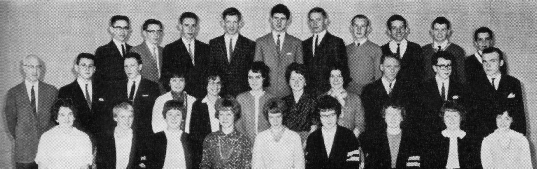 (Click to magnify) FRONT ROW: L. Ashton, N. Bernhardt, J. Hickling, A. Sweetman, M. Vanderwal, D. Bagshaw, B.A. Hall, M. Geissberger, A. Shier; ***SECOND ROW: Mr. Colbeck, Preston Archibald, R. Cleverdon, G. Harrison, C. Moore, L. Mitchell, G. Dowswell, K