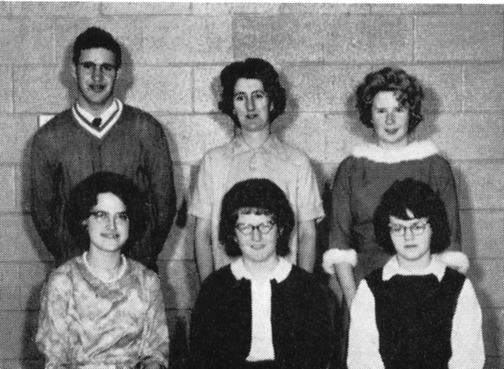 (Click to magnify) FRONT ROW: J. McDowell, M. Geissberger, Pat Armstrong; ***BACK ROW: Bruce Wilson, Mrs. Hope, D. Straughan.