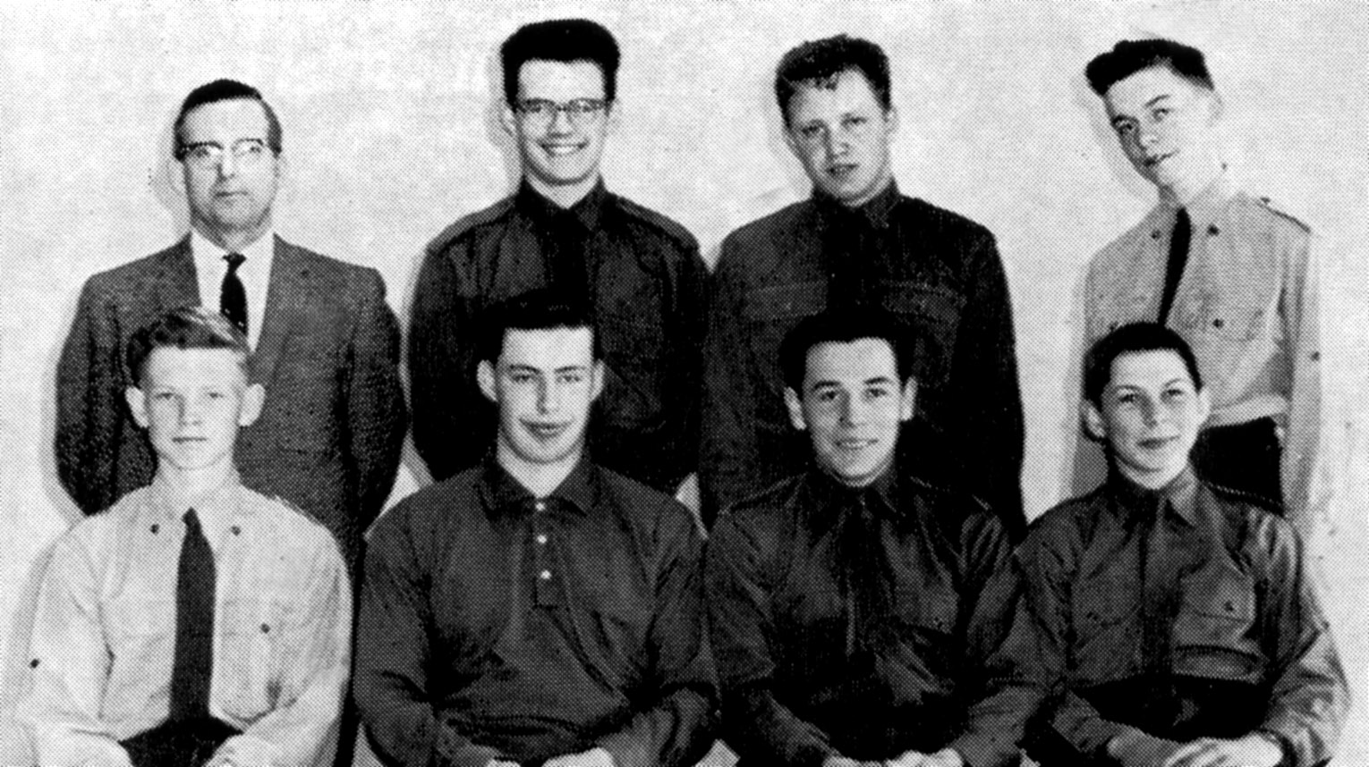 (Click to magnify) FRONT ROW: Barry Timbers, A. Brooks, Dave St.Pierre, R. McGuckin; ***BACK ROW: Mr. Ted Smith, John Armstrong, B. Norton, Bill Leask.