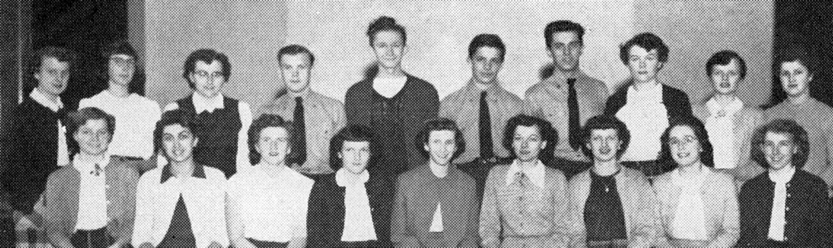 (Click to magnify ... poor quality original) FRONT ROW: N. Feir, Art Ed.; R. Hockley, E. Johnson, Lit. Eds.; B. McDonald, Soc.Ed.; J. Wilson, Editor-in-Chief; H. Meek, Assist. Soc. Ed.; S. Pickering, Pub. Ed.; B. Acton, L. Ferrell, Picture Eds. BACK ROW: 