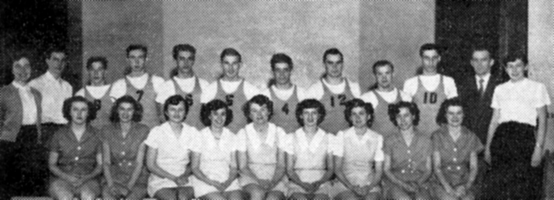 (Click to magnify - poor original - Best guess that this is Basketball) FRONT ROW: A. Stiver, P. Arland, J. Pearson - CAPTAIN, B. Horn, B. Blanchard, S. Pickering, C. Kinmond, L. Weir, T. McDermott; BACK ROW: Mrs. Keating, R. Palmer, J. Breen, J. Ball, R.