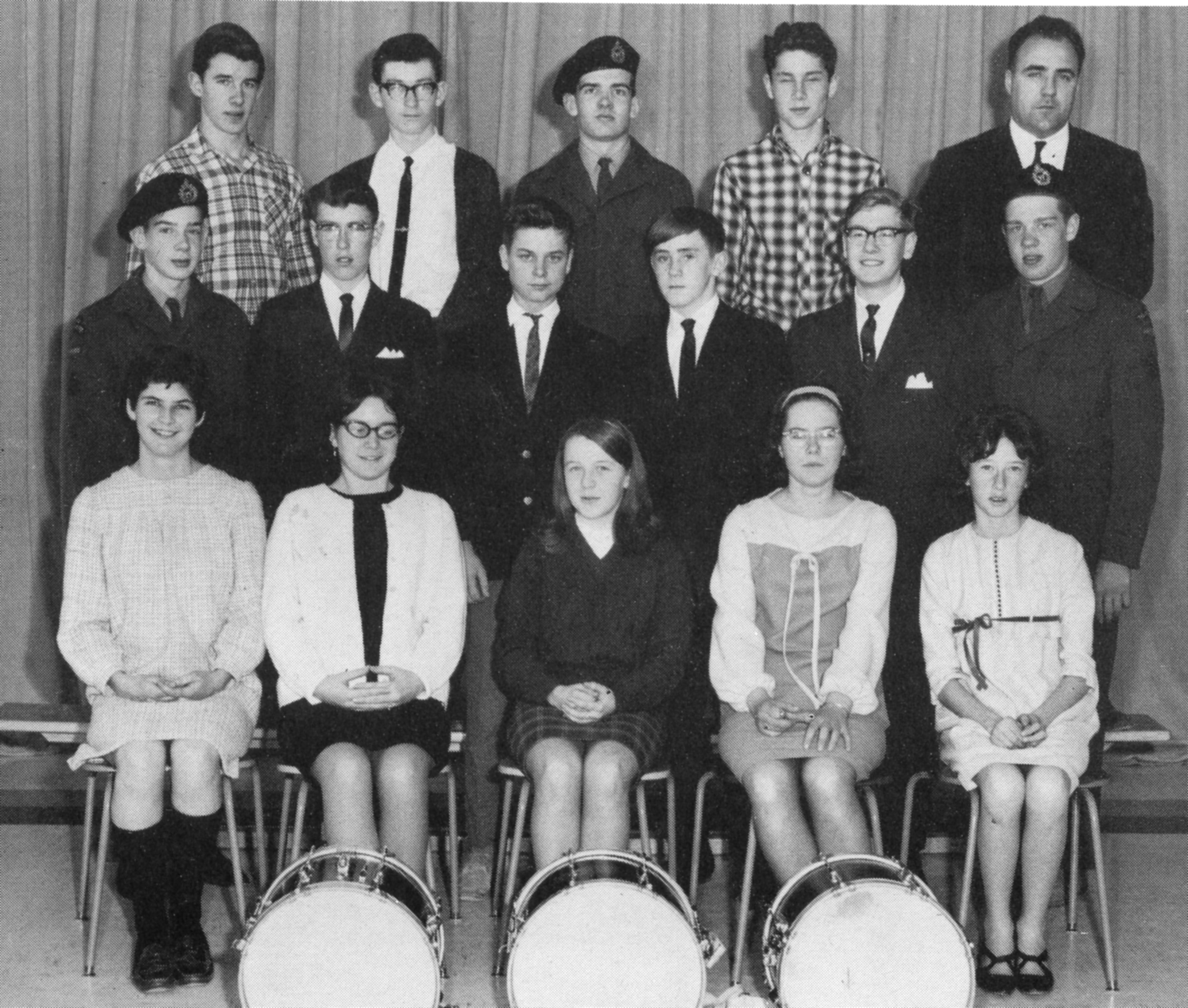 (Click to magnify) FRONT ROW: B. Bookham, B. Brunne, C. Hall, Mary Jane Hackner, S. Grimshaw; ***SECOND ROW: G. Elford, R. Boose, L. Mercier, D. Gibbons, B. Rodd, Keith Elford; ***BACK ROW: T. Rice, S. Diltz, G. Elford, D. Olding, Mr. Ray Newton.