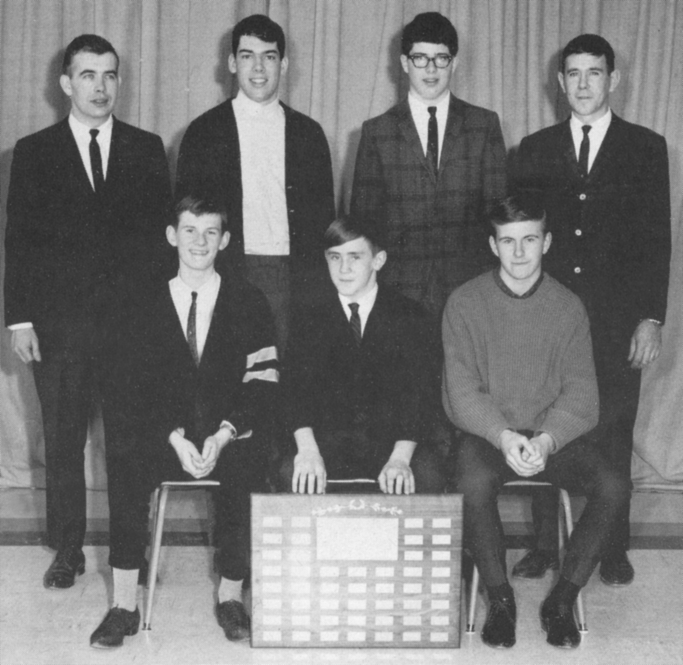(Click to magnify) FRONT ROW: Ted Ballinger, D. Gibbons, A. Berry; ***BACK ROW: Mr. J. Addison, Brian St.John, J. Manley, Mr. Grant.