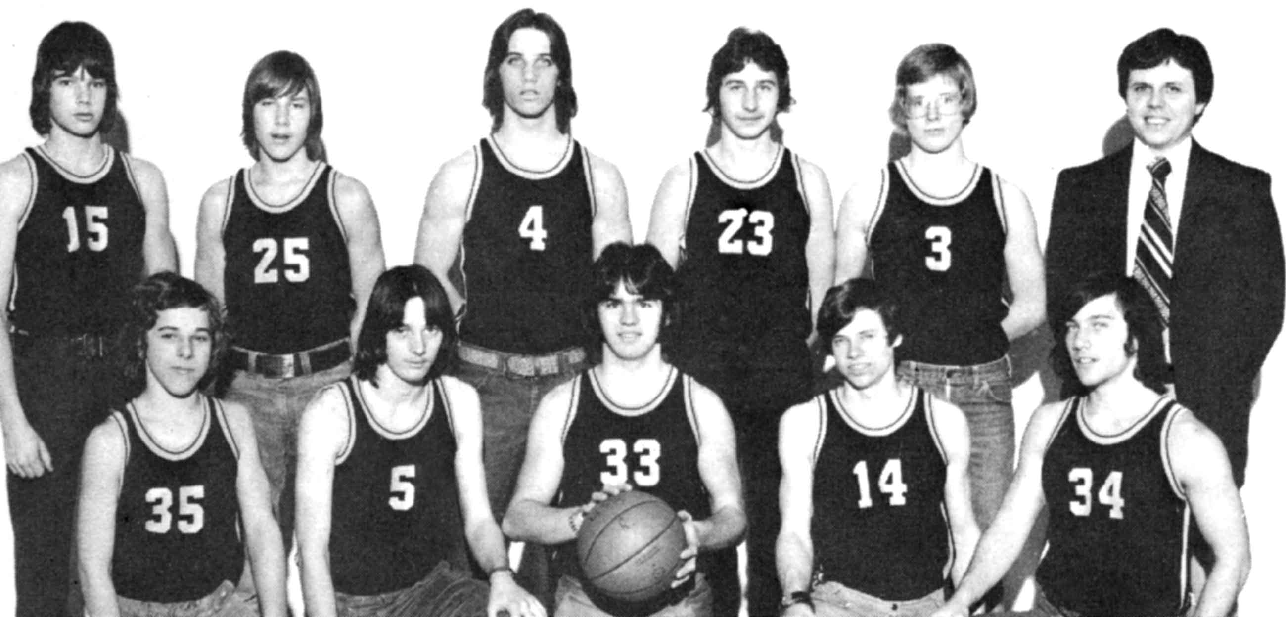 (Click to magnify) FRONT ROW: Rick Sauder, G. Nickolson, Drew Cleland, Tom Armstrong, Mark Gloven; ***BACK ROW: Peter Gouweleeuw, Scott Jorden, J. Noble, Peter Delic, S. Knapp, Mr. Brian Manorek (coach). Assuming this order - not explicitly location capti