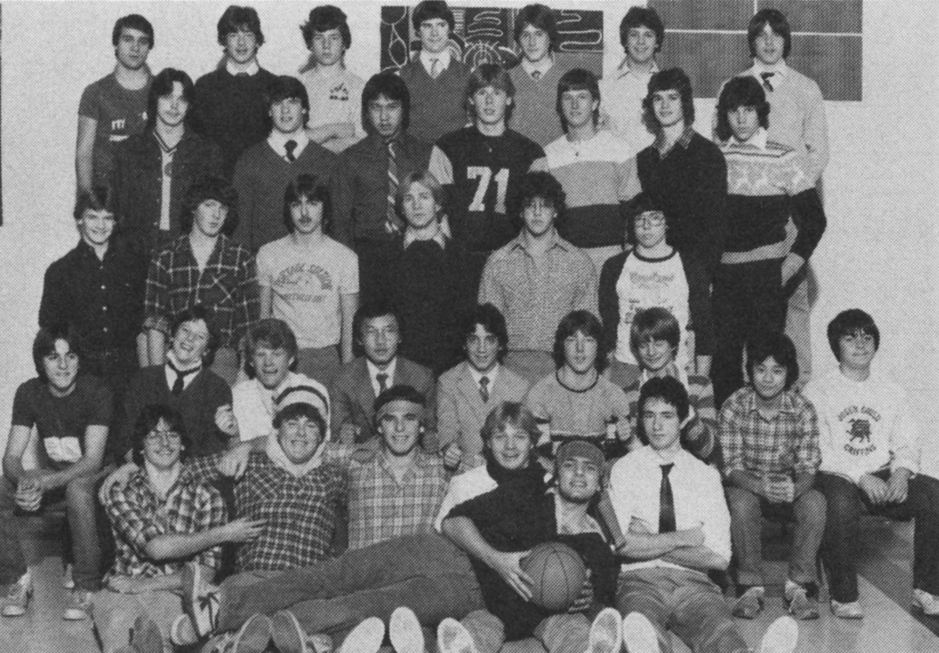 (Click to magnify) NO captions (again). Ben Kester (holding the guy with the basketball), Harold Kim, Scott Yake & John Miller (4th, 5th and 6th from left, 2nd row), Dale Winder (1st left, 3rd row), Dan Martin (4th from left, 4th row), Jeff McNair (2nd fr