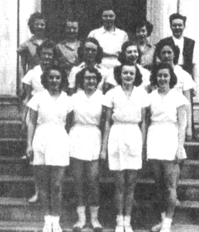 (original quality insufficient for magnification) FRONT ROW: A. Calbeck, K. Arnold, J. Pearson, B. Horn; SECOND ROW: B. Rand, H. Hickling, K. Crosby, L. Hendrickson; BACK ROW: S. Pickering, M. Morrison, B. Dobson, M. Gribben, Miss Walsh.