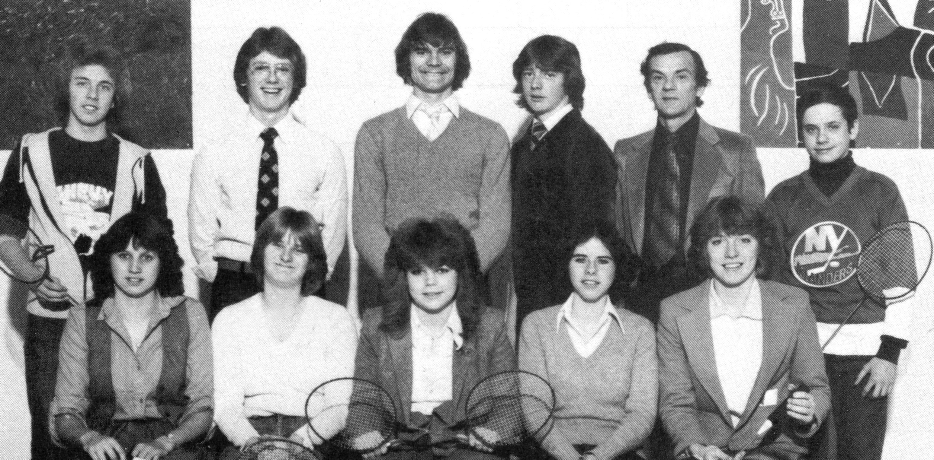 (Click to magnify) FRONT ROW: Terri Whitmarsh, Chris Dechert, Dianne Morrison, Jackie Gilkes, Sandi Friedrich; ***BACK ROW: Pat Mikuse, Dave Fisher, Russell Joosten, Mike Fisher, Mr. N. Reed (coach), Donald Archibald; ABSENT: Paul Shepherd, Andy Pateman, 