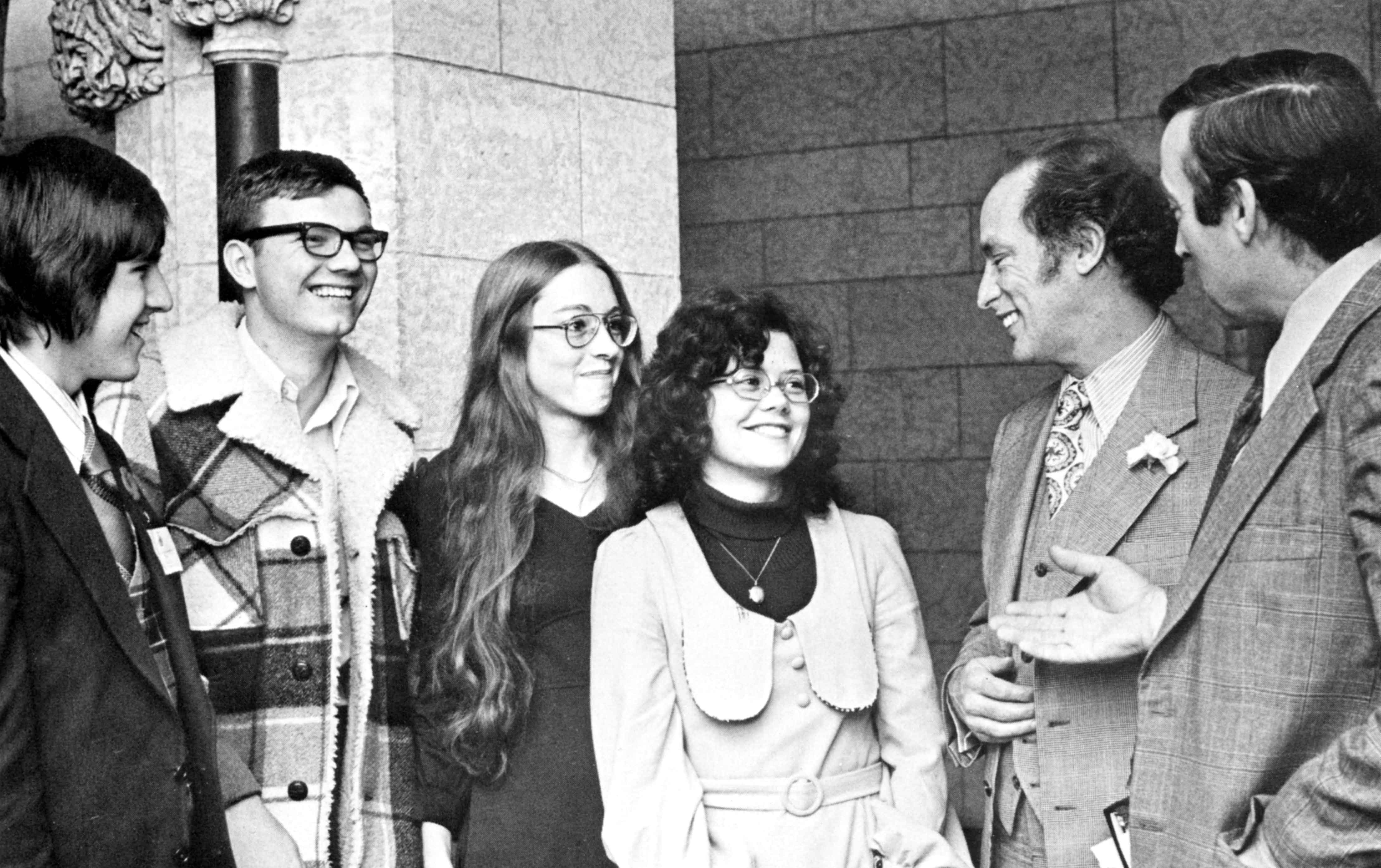 (Click to magnify - multiple levels of magnification) Students: Gordon Dick, Mark Cummings, Patricia Stewart & Joanne Weller; continuing to the right, Pierre E. Trudeau and Uxbridge MP Norm Cafik.