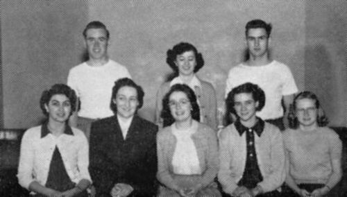 (Click to Magnify - marginal quality original) . Front row left to right - Ruby Hockley, Mrs McGowan, Barbara Acton, Doris Woodland, Grace Simpson. Back row left to right - Ron Noble, Barbara Horn, Ken Hockley. This group were the executives of Inter Vars